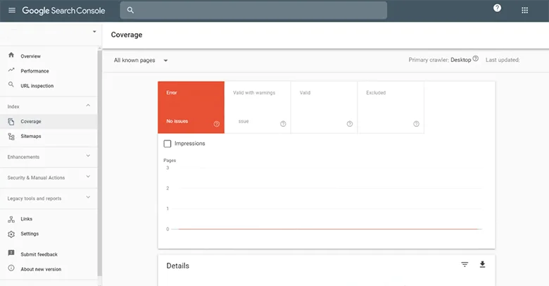 Coverage section of Google Search Console