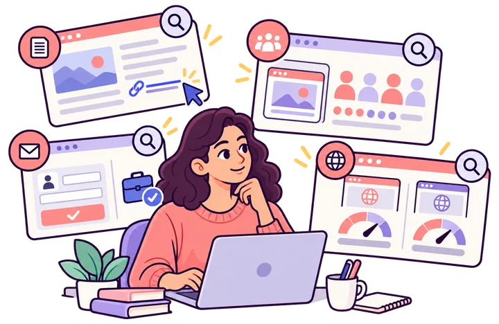 A researcher reviews separate records for an editorial backlink, referral visits, a qualified enquiry, and a third-party domain score.