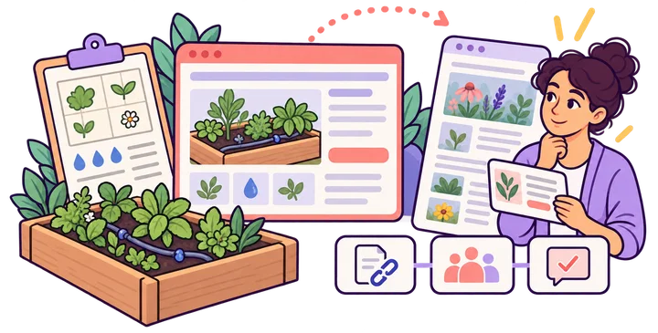 An irrigation-planning worksheet is offered to a relevant gardening editor, with publication, visits, and enquiries checked separately.
