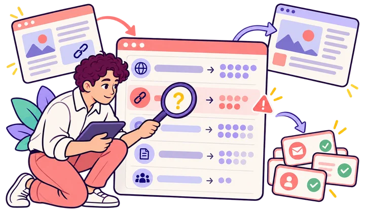An analyst investigates suspicious referral data by checking source context, the landing page, and validated actions.