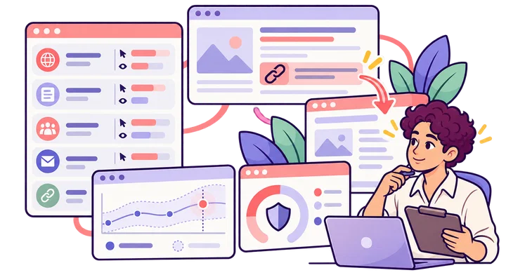 Separate tool panels show first-party referral sessions, discovered backlinks, modeled traffic estimates, and a comparative authority score.
