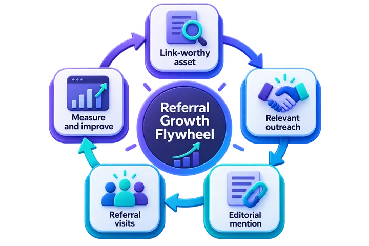Referral growth flywheel from link-worthy content to outreach, editorial mentions, visits, and measurement