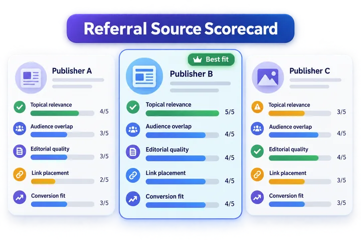 Referral source scorecard for topical relevance, audience overlap, editorial quality, link placement, and conversion fit