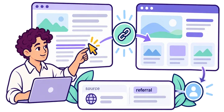 A reader follows a contextual link from a partner article to a website while the referring source and medium are recorded.