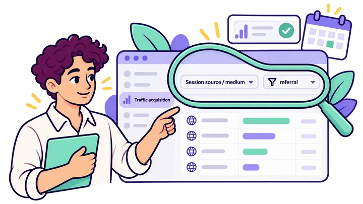 An analyst selects the Traffic acquisition report, inspects session source and medium, and filters for referral traffic.