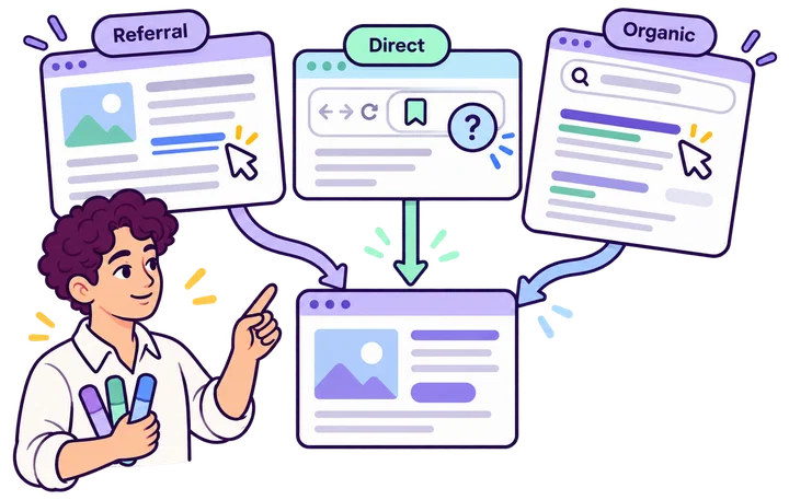 Referral, direct, and organic search represent different acquisition evidence and reporting routes.