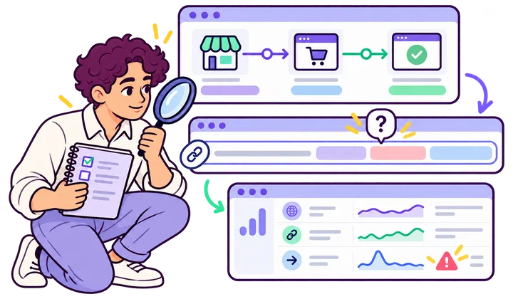 An analyst investigates missing attribution, inconsistent tags, self-referrals, and unusual source activity before changing settings.