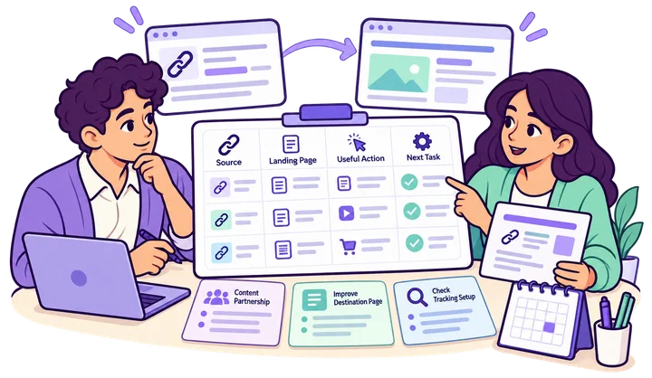 A team records referral sources, landing-page evidence, validated actions, and the next partnership or tracking task.