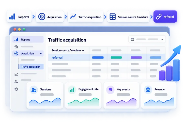 How to check referral traffic in GA4 using the Traffic acquisition report