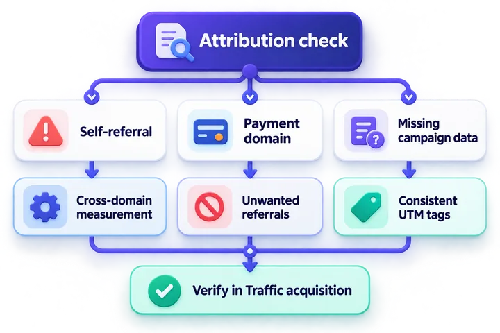 Troubleshoot self-referrals, payment domains, and missing campaign data in GA4