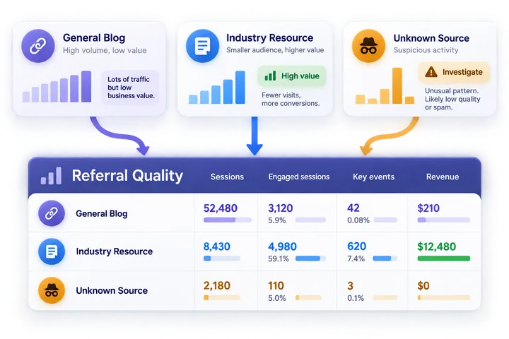 Compare referral traffic quality using sessions, engaged sessions, key events, and revenue