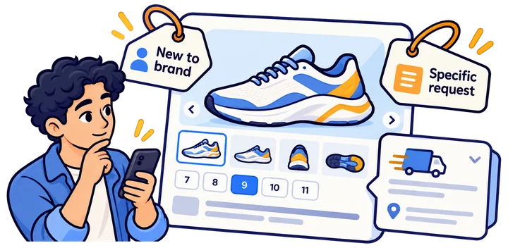 A first-time shopper with a specific shoe request illustrating that unfamiliarity with a brand can coexist with purchase intent.