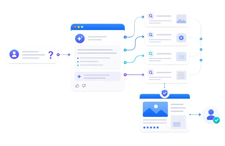 AI Search query fan-out connecting multiple sources to a trusted website