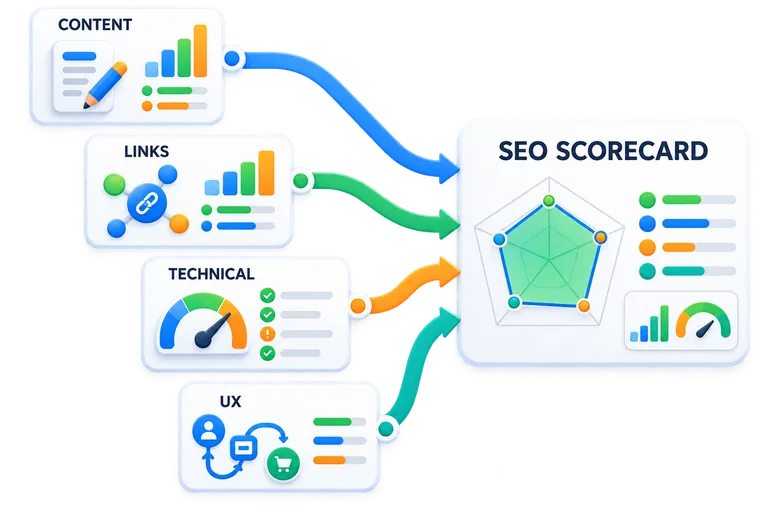 - SEO competitor audit scorecard for content links technical SEO and UX