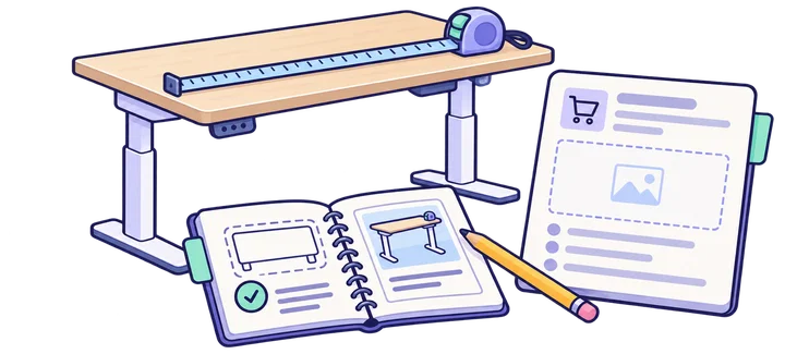 Verified desk measurements and an original room-planning method informing an existing category-page improvement.