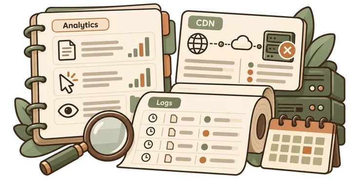 Analytics events, edge requests, and origin records are compared with compatible time windows and their different scopes.