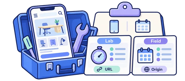 Separate laboratory and real-user evidence cards beside a mobile page test and recorded test conditions.