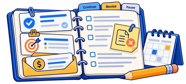 Evidence-based test decision notebook with continue, revise and pause options left dependent on the recorded findings.