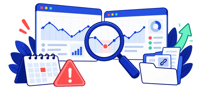 Investigating a search traffic drop using performance charts, a timeline, and link evidence