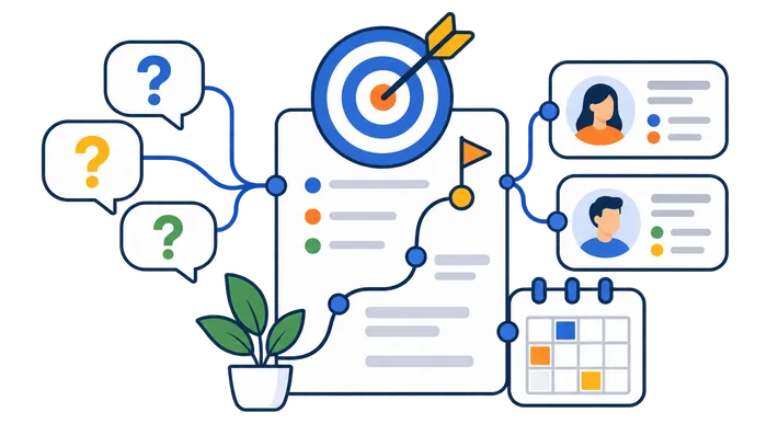 Content plan connecting audience questions, customer profiles, a target and an editorial calendar