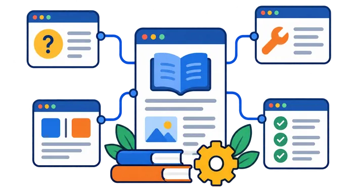 Central content guide connected to question, tool, comparison and checklist pages