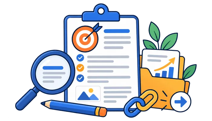 Content audit clipboard with a target, magnifying glass, link symbol and performance chart