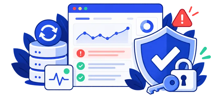 Website security and recovery monitoring illustrated with a backup server, dashboard, shield, and lock