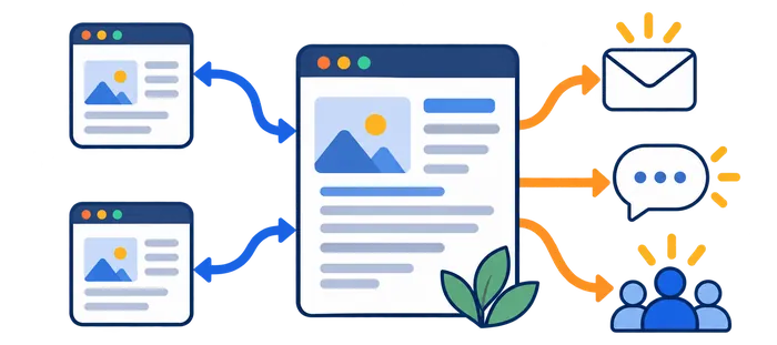 Supporting pages linked to a central article and onward to email, discussion and an audience