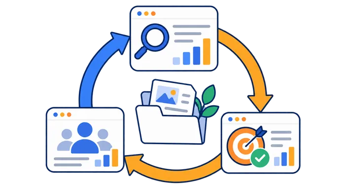 Content improvement cycle linking audience, search and goal dashboards around a resource folder