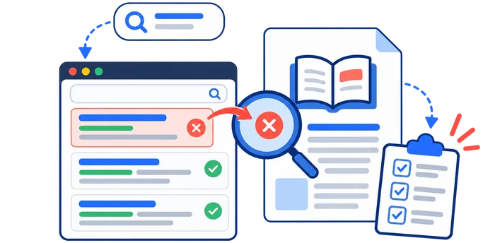 Comparing the promise in a search result with the answer and checklist delivered by the page