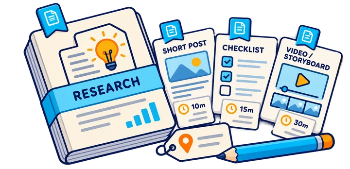 One researched resource adapted into a post, checklist and short visual with production effort recorded.
