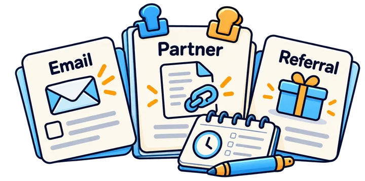 Permission-based email, relevant partnership and customer referral resources maintained as separate audience routes.