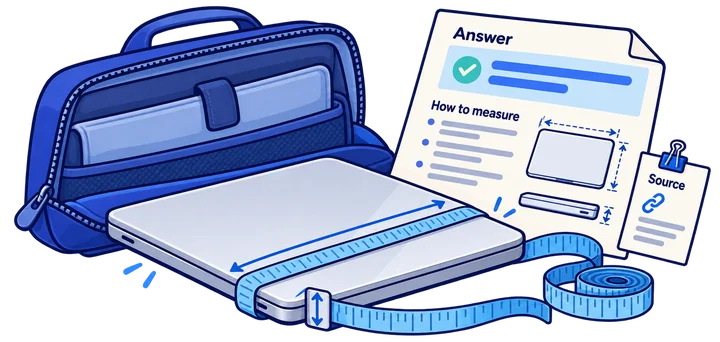 Clear concise answer supported by a practical laptop and bag measurement example and explanatory detail.
