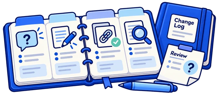 Editorial calendar and change log for researching, improving, checking and reviewing an answer without a placement deadline.
