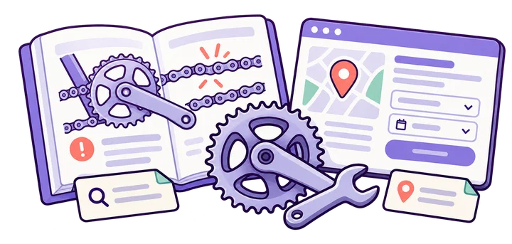 Bicycle repair guidance and a repair booking page serving different searcher tasks.