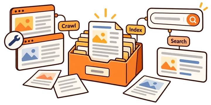 Crawling, indexing and query-based retrieval represented as distinct stages rather than guaranteed outcomes.