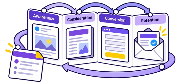 Different digital touchpoints support awareness, consideration, conversion and retention.