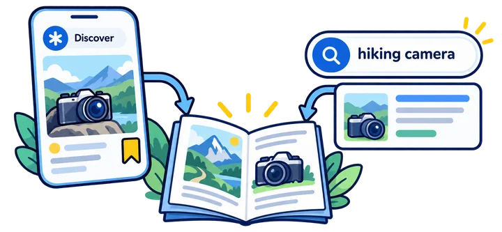 An interest-led Discover feed and a query-led Search result leading to the same camera guide.