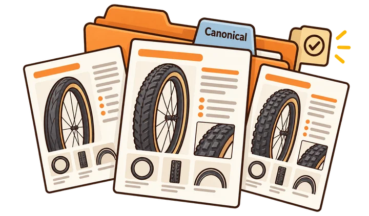 Equivalent bicycle-guide pages grouped around a preferred representative while canonical selection remains a separate check.