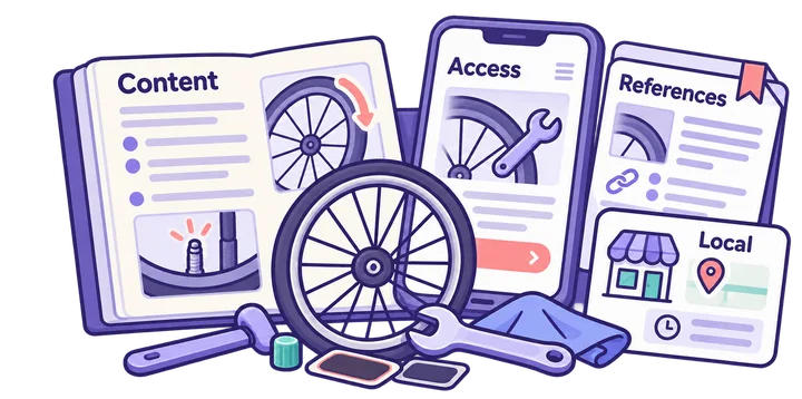 Content, technical access, editorial references and local business details as related areas of SEO work.
