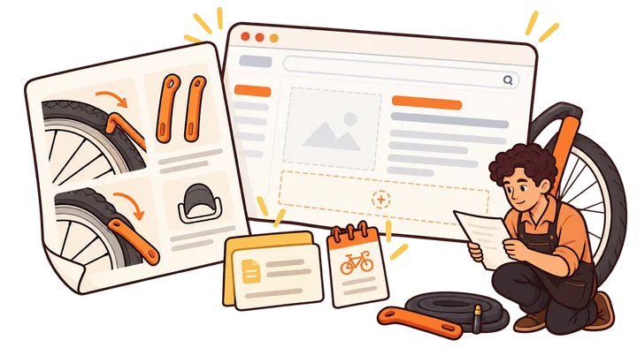 A bicycle-shop reviewer checks whether tire-fitting instructions are rendered before choosing an SEO fix.