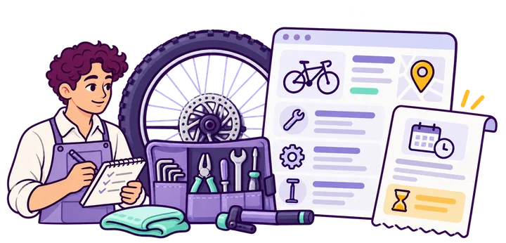 Small bicycle shop owner checking repair scope and a working booking page before reviewing verified requests.