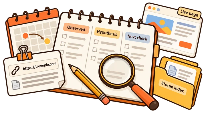 An investigation notebook separates observed search evidence, a hypothesis and the next check.