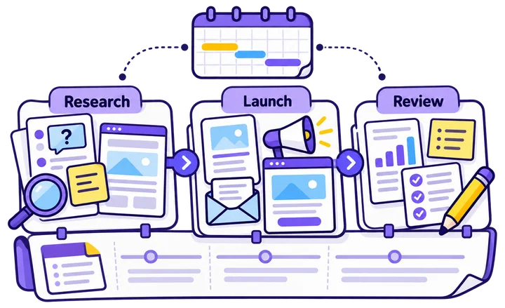 A phased digital marketing plan moves from research and foundations to launch and review.