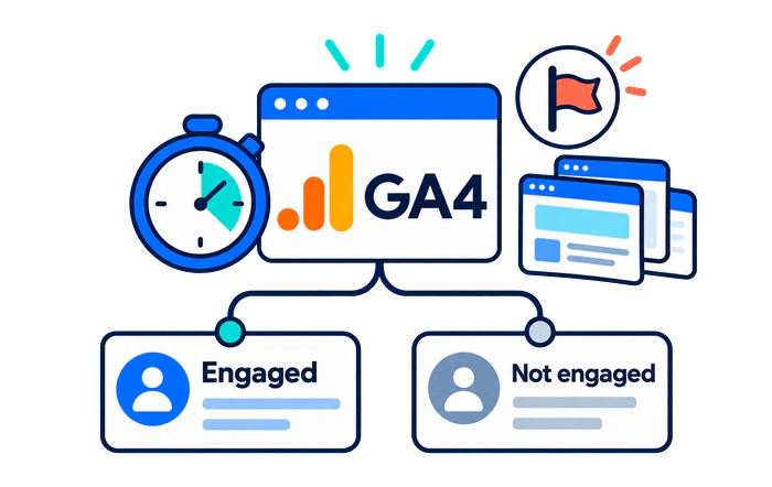 GA4 engaged and non-engaged sessions with a timer, key-event flag, and page views