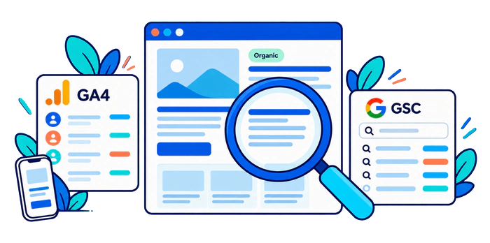 Reviewing an organic landing page with GA4 engagement data and Search Console queries