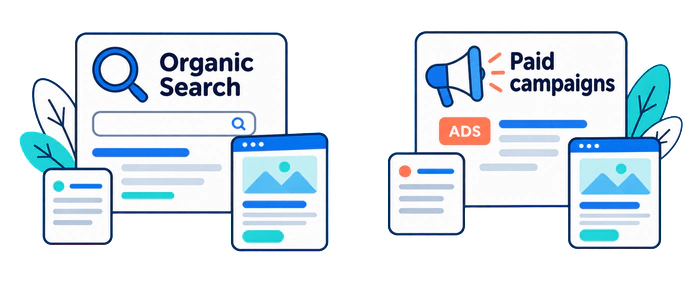 Organic search and paid campaigns reviewed as separate traffic sources