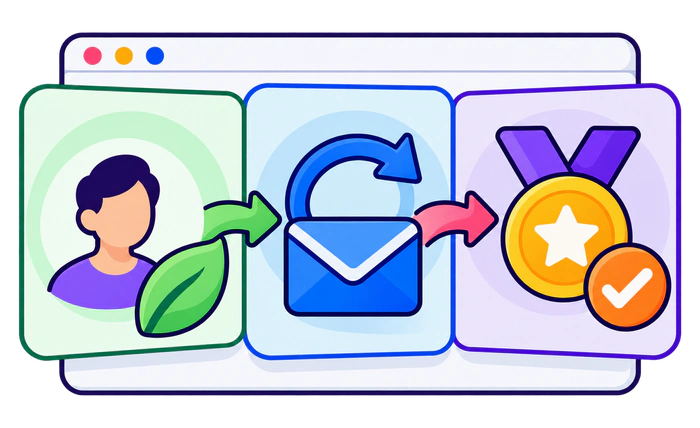 A new visitor, a returning email visit, and a credited outcome representing GA4 acquisition scopes