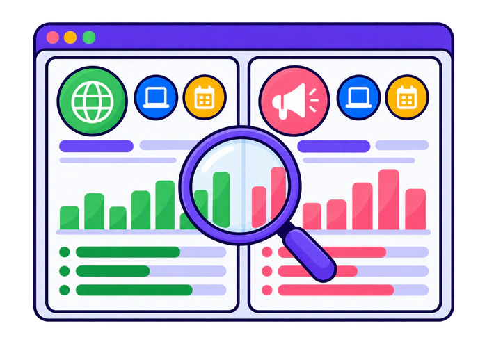 Organic and paid acquisition reports compared using the same device and date range