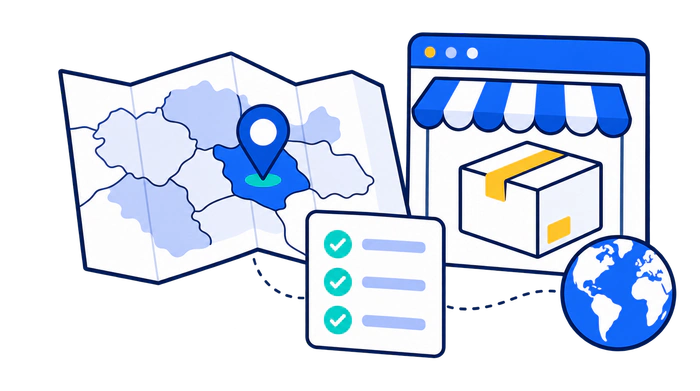 A selected geographic market connected to a store, delivery package, and eligibility checklist